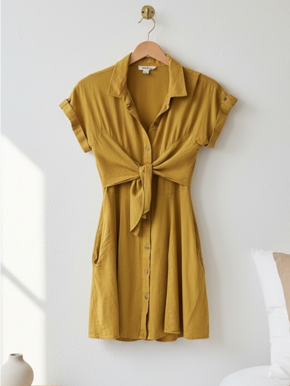 Fashion on Earth Mustard Yellow Linen Blend Tie-Front Mini Dress - Size M